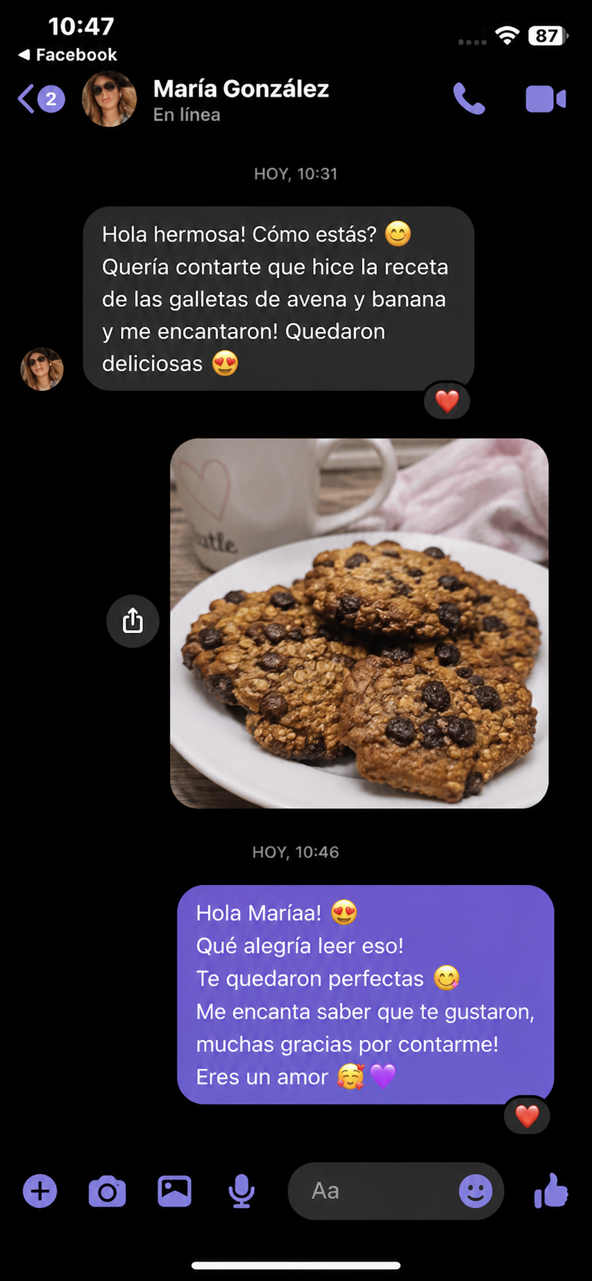 Mensaje real de María González sobre las galletas de avena y banana