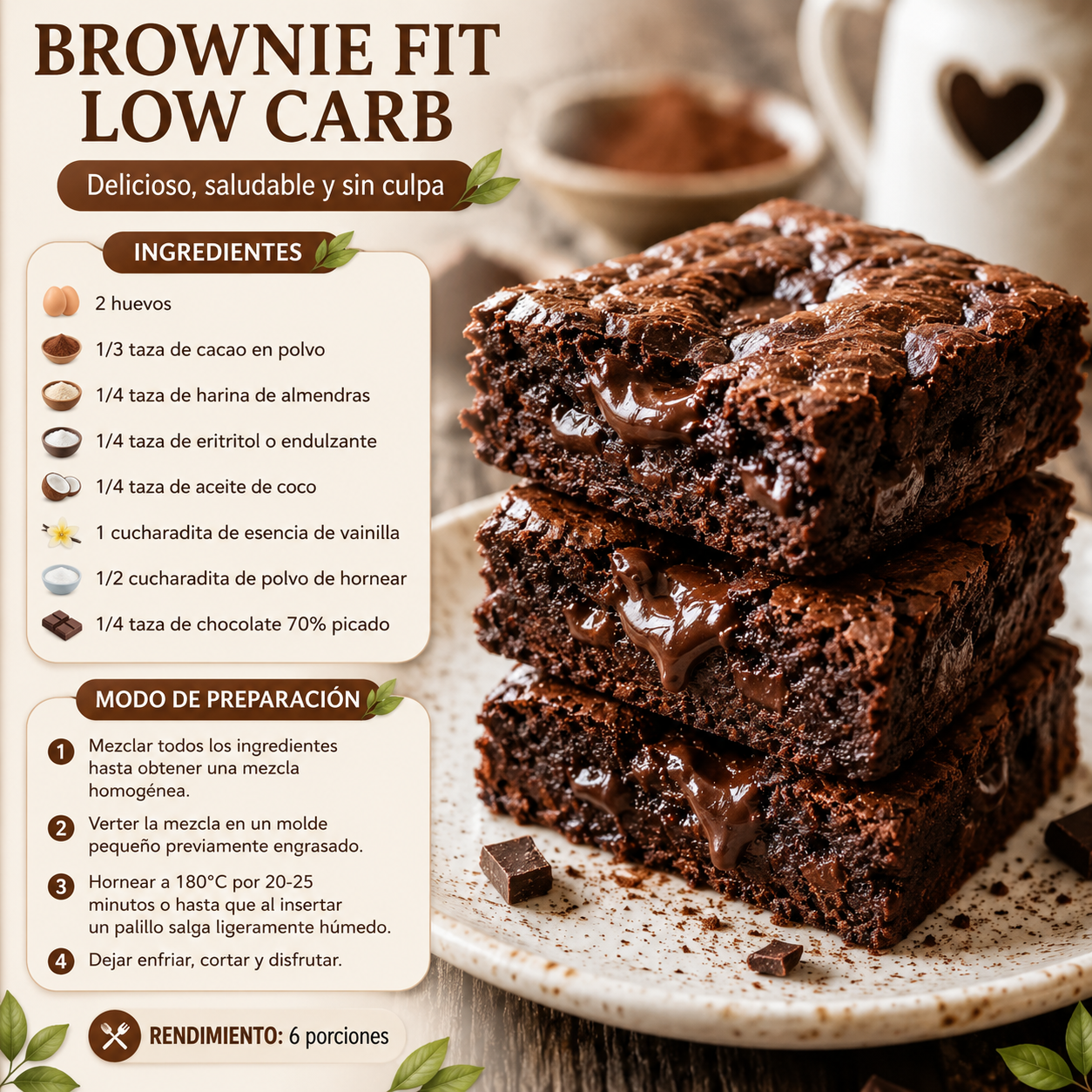 Receta de Brownie Fit Low Carb con ingredientes y modo de preparación